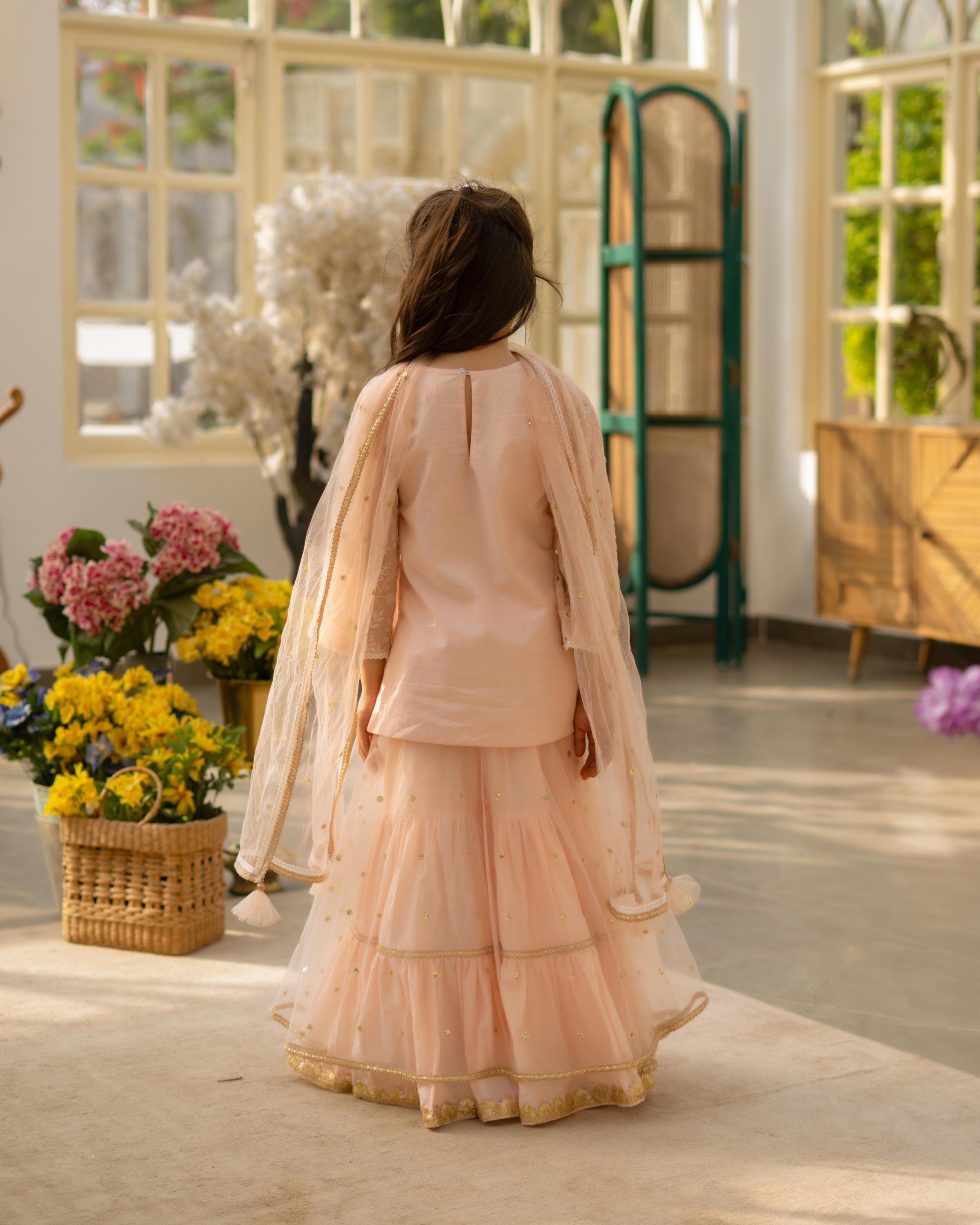 Peach Embroidered Kurti Sharara