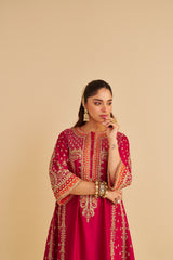 Nargis - Dabka Zardozi Embroidered Rich Banarasi Kalidaar Hotpink Long Chauga Set