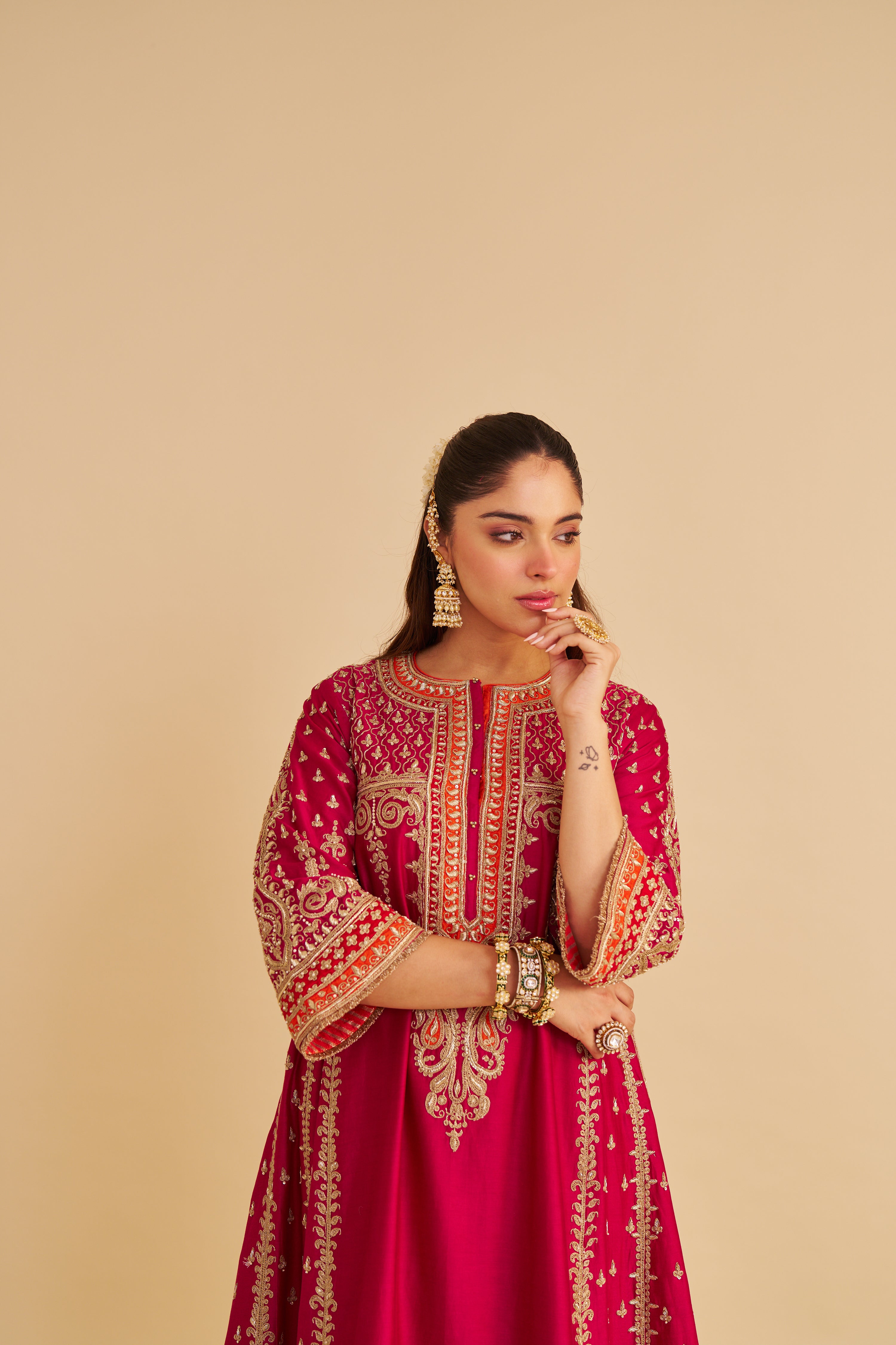 Nargis - Dabka Zardozi Embroidered Rich Banarasi Kalidaar Hotpink Long Chauga Set
