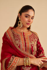 Zoya - Dabka Zardozi Embroidered Rich Banarasi Kalidaar Deep Red Long Chauga Set
