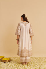 Aqsha - Dabka Zardozi Embroidered Rich Banarasi Daisy Ivory Long Chauga & Palazzo with Dupatta