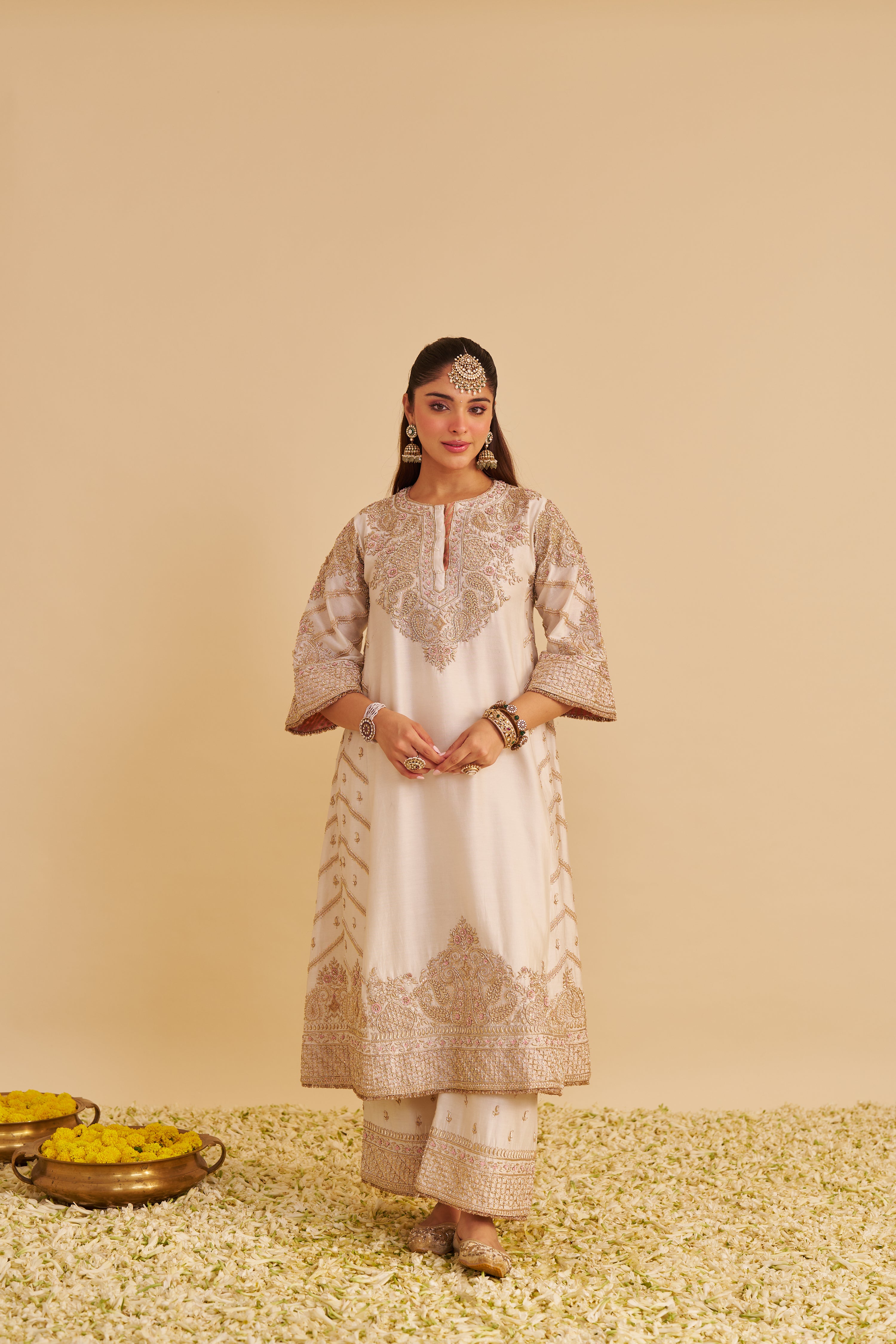 Aqsha - Dabka Zardozi Embroidered Rich Banarasi Daisy Ivory Long Chauga & Palazzo with Dupatta