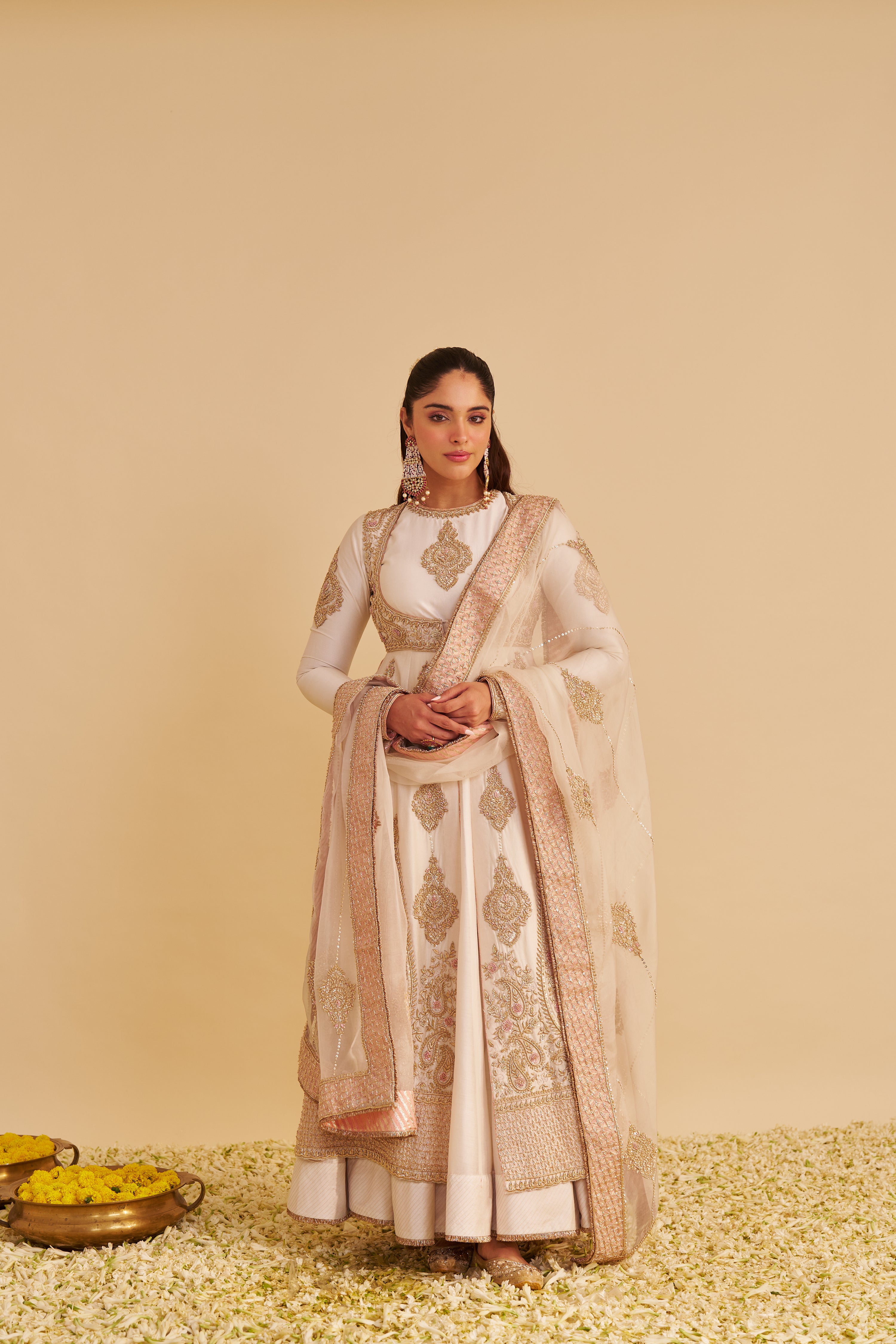 Zainah - Dabka Zardozi Embroidered Silk Daisy Ivory Anarkali Set