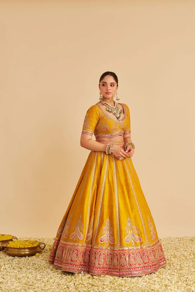 Amara - Hand Embroidered Raw Silk Mustard Bridal Lehenga Set