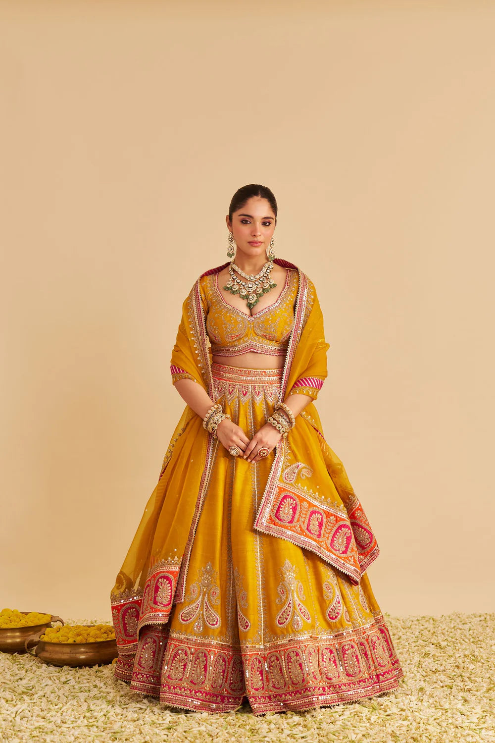 Amara - Hand Embroidered Raw Silk Mustard Bridal Lehenga Set