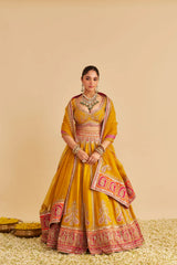Amara - Hand Embroidered Raw Silk Mustard Bridal Lehenga Set