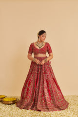 Mahanoor - Dabka Zardozi Embroidered Pure Silk Red Bridal Lehenga Set