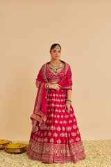 Maira - Dabka Zardozi Embroidered Raw Silk Hotpink Bridal Lehenga Set