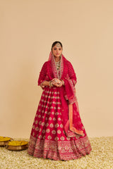 Maira - Dabka Zardozi Embroidered Raw Silk Hotpink Bridal Lehenga Set