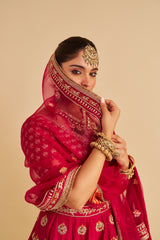 Maira - Dabka Zardozi Embroidered Raw Silk Hotpink Bridal Lehenga Set