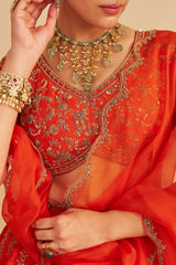Naazila - Dabka Zardozi Embroidered Raw Silk Burnt Orange Lehenga Set