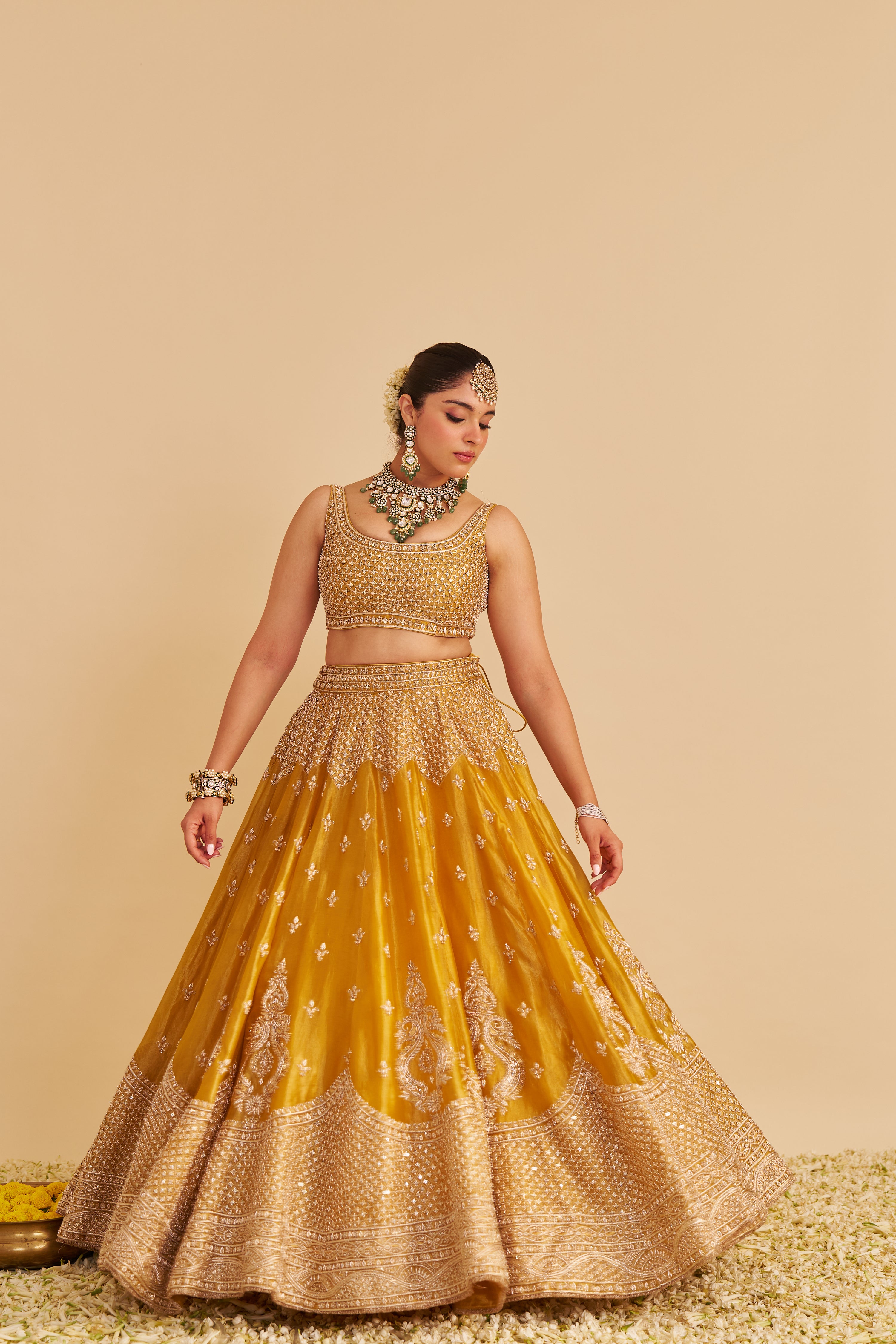 Aashina - Dabka Zardozi Embroidered Pure Tissue Mustard Lehenga Set