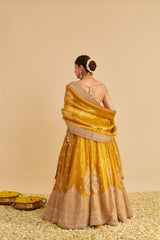 Aashina - Dabka Zardozi Embroidered Pure Tissue Mustard Lehenga Set