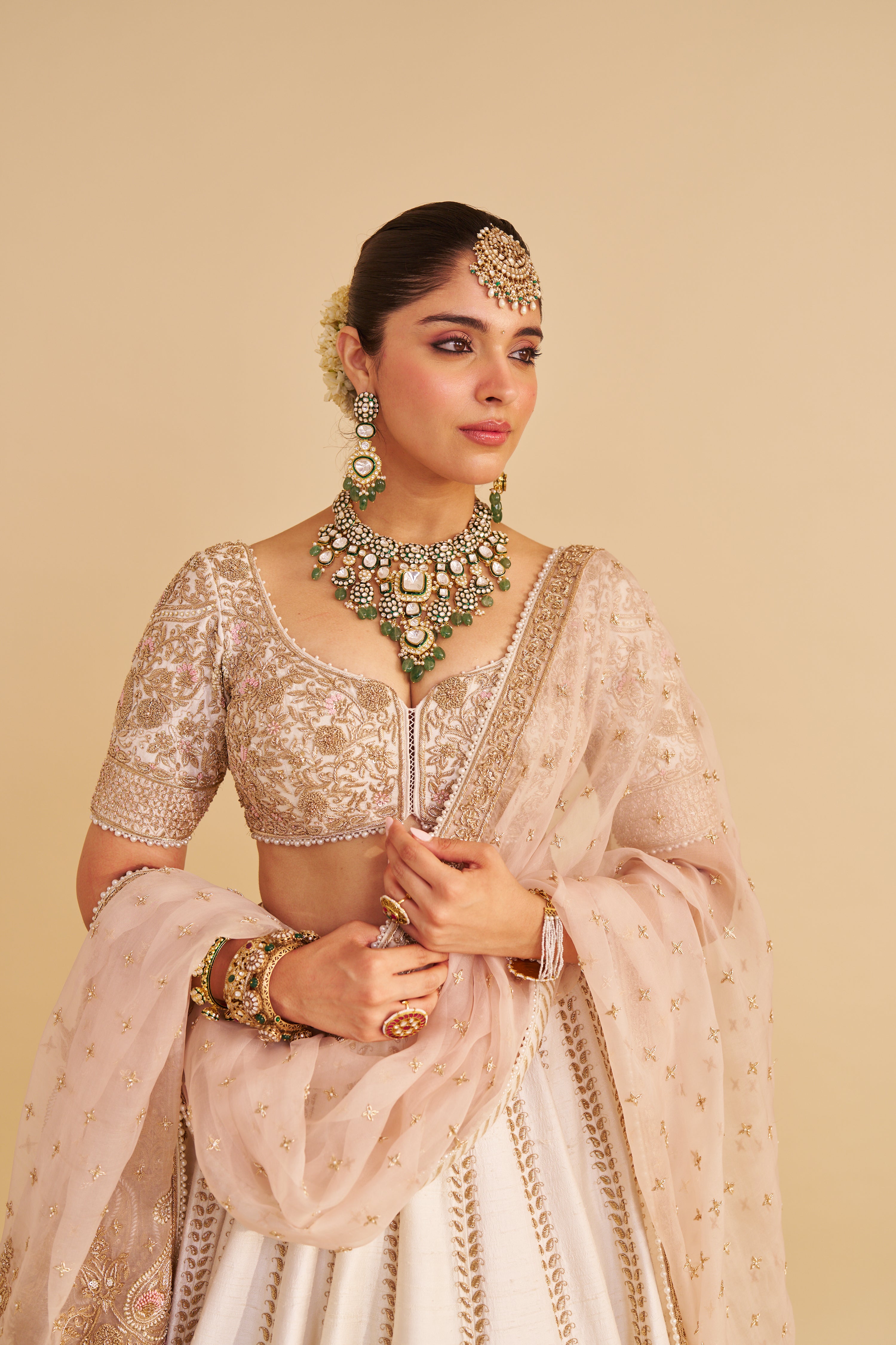 Farah - Dabka Zardozi Embroidered Pure Silk Daisy Ivory Lehenga Set