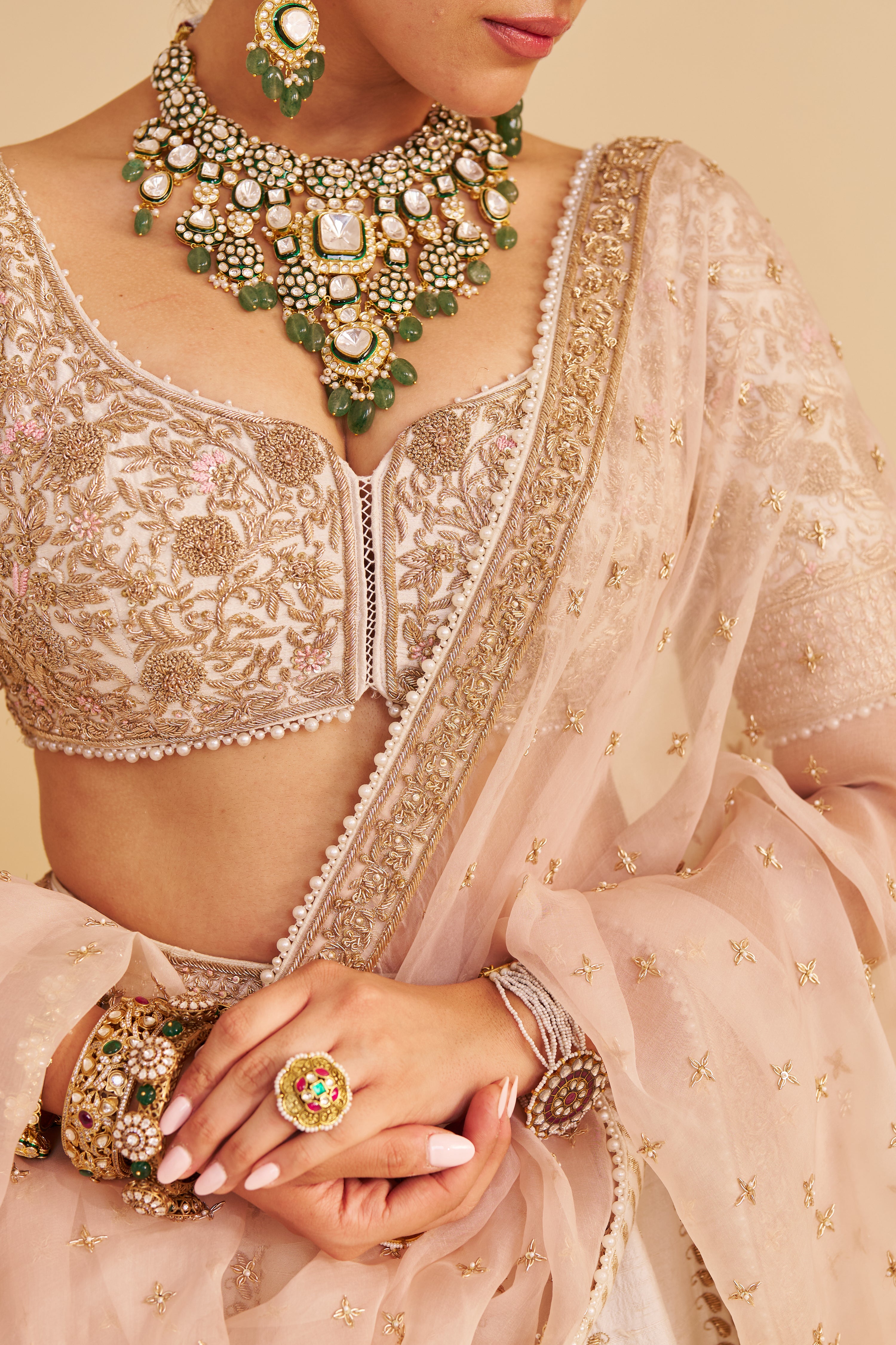 Farah - Dabka Zardozi Embroidered Pure Silk Daisy Ivory Lehenga Set