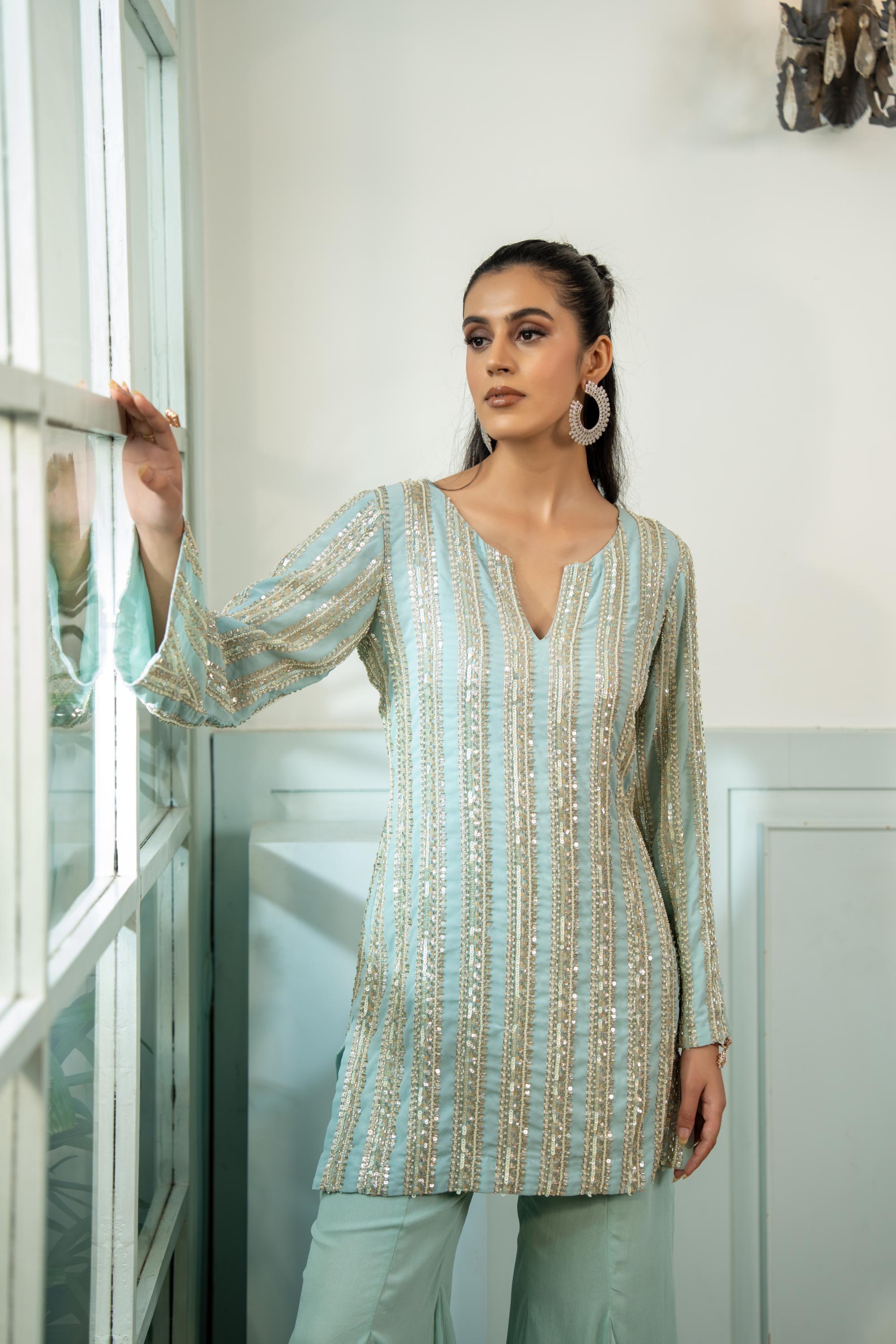 Ice Blue Embroidered Kurta
