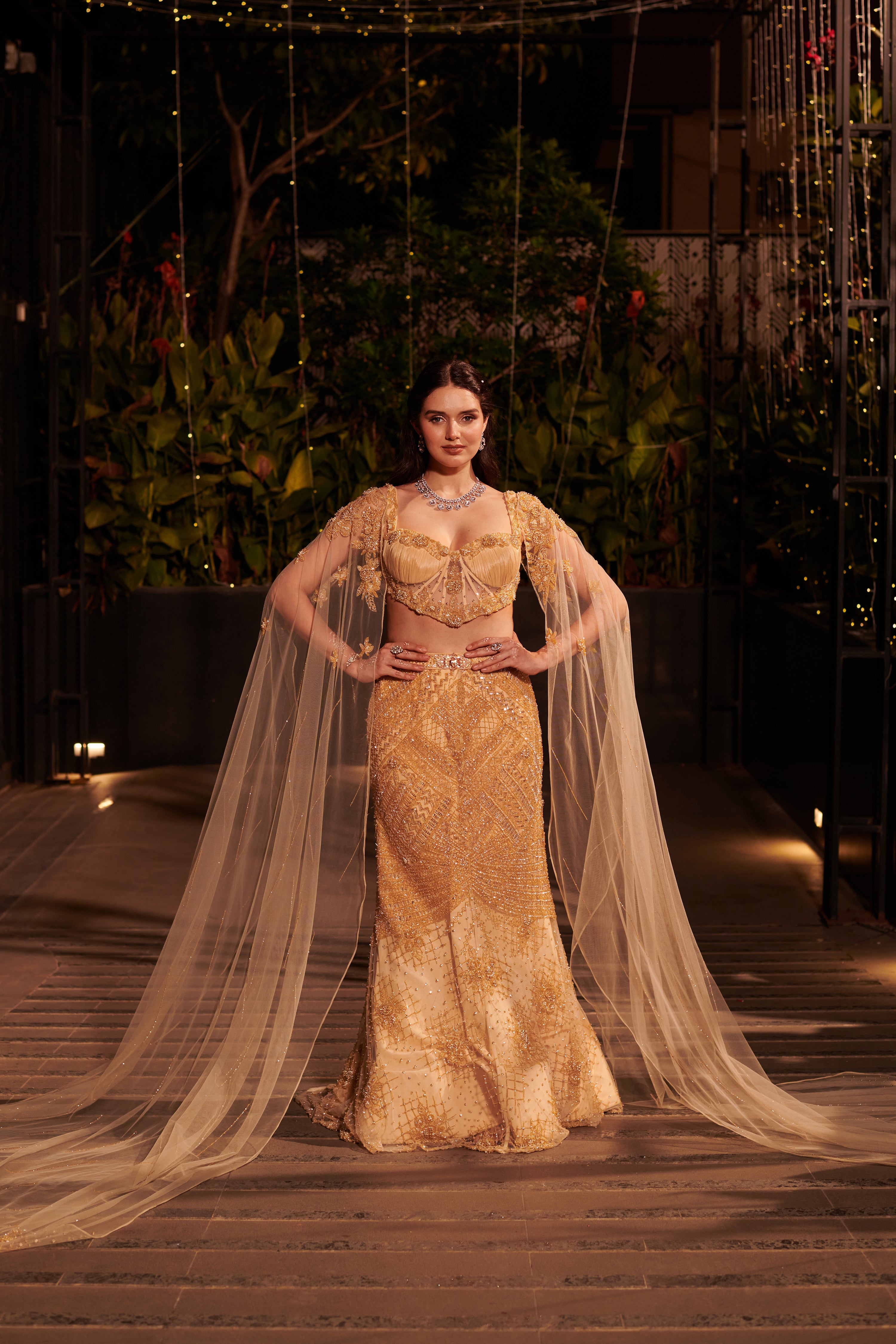 Champagne Shower Lehenga Set. 3 (Lehenga + Blouse + Cape)
