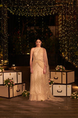 Ivory Infinity Gown. 1 (Gown with attached drape trail)