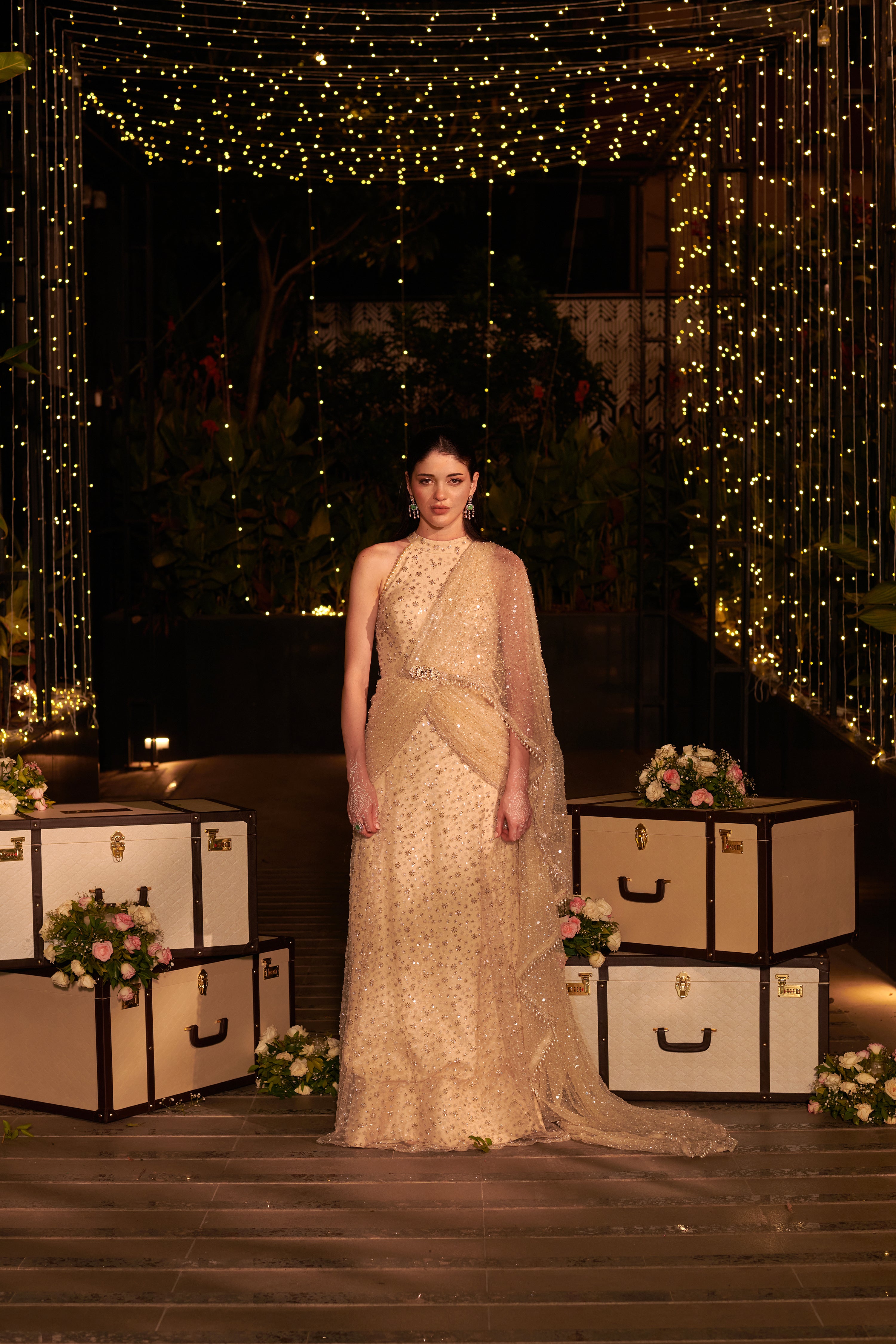 Ivory Infinity Gown. 1 (Gown with attached drape trail)