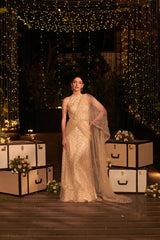 Ivory Infinity Gown. 1 (Gown with attached drape trail)