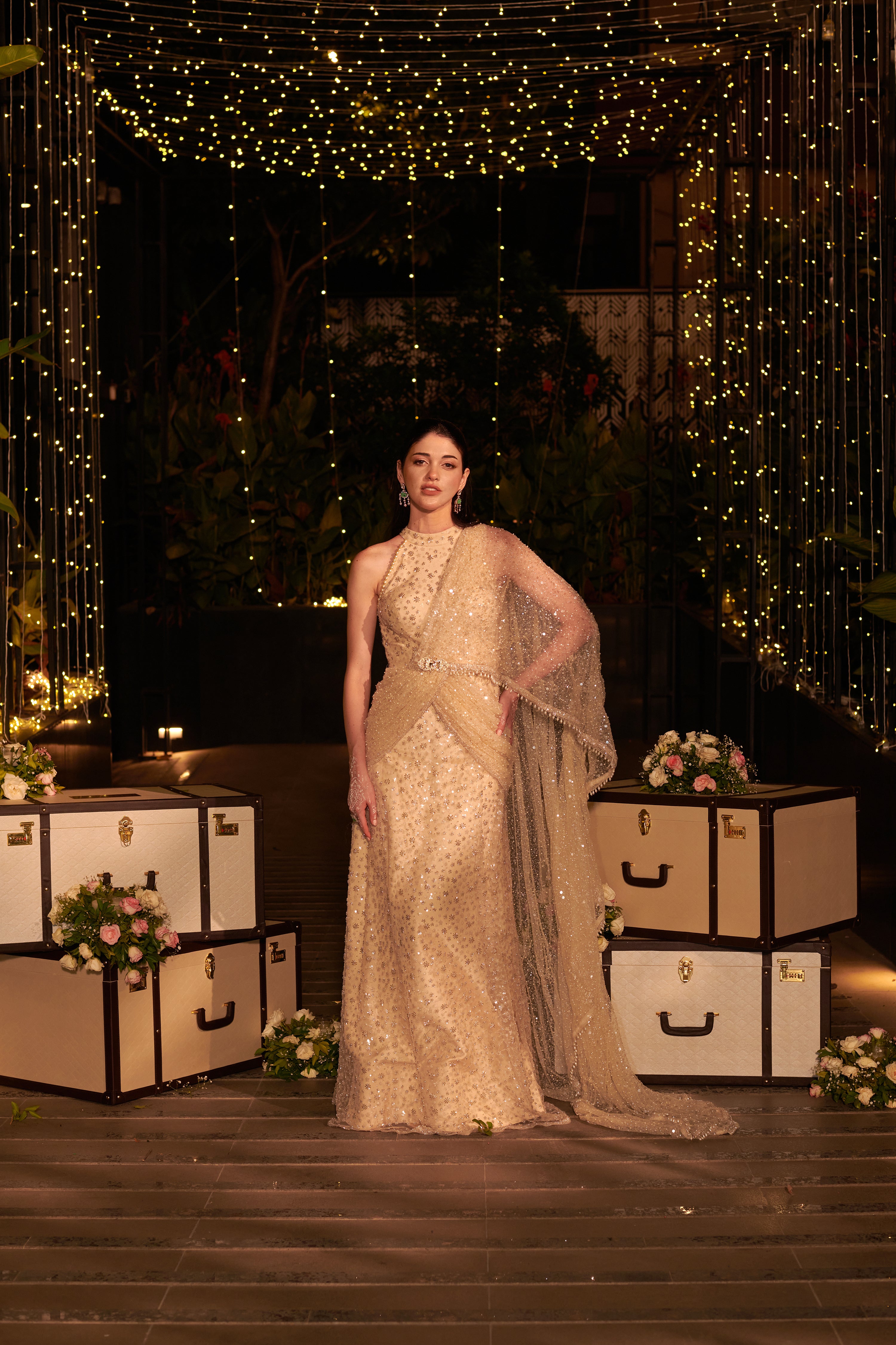 Ivory Infinity Gown. 1 (Gown with attached drape trail)