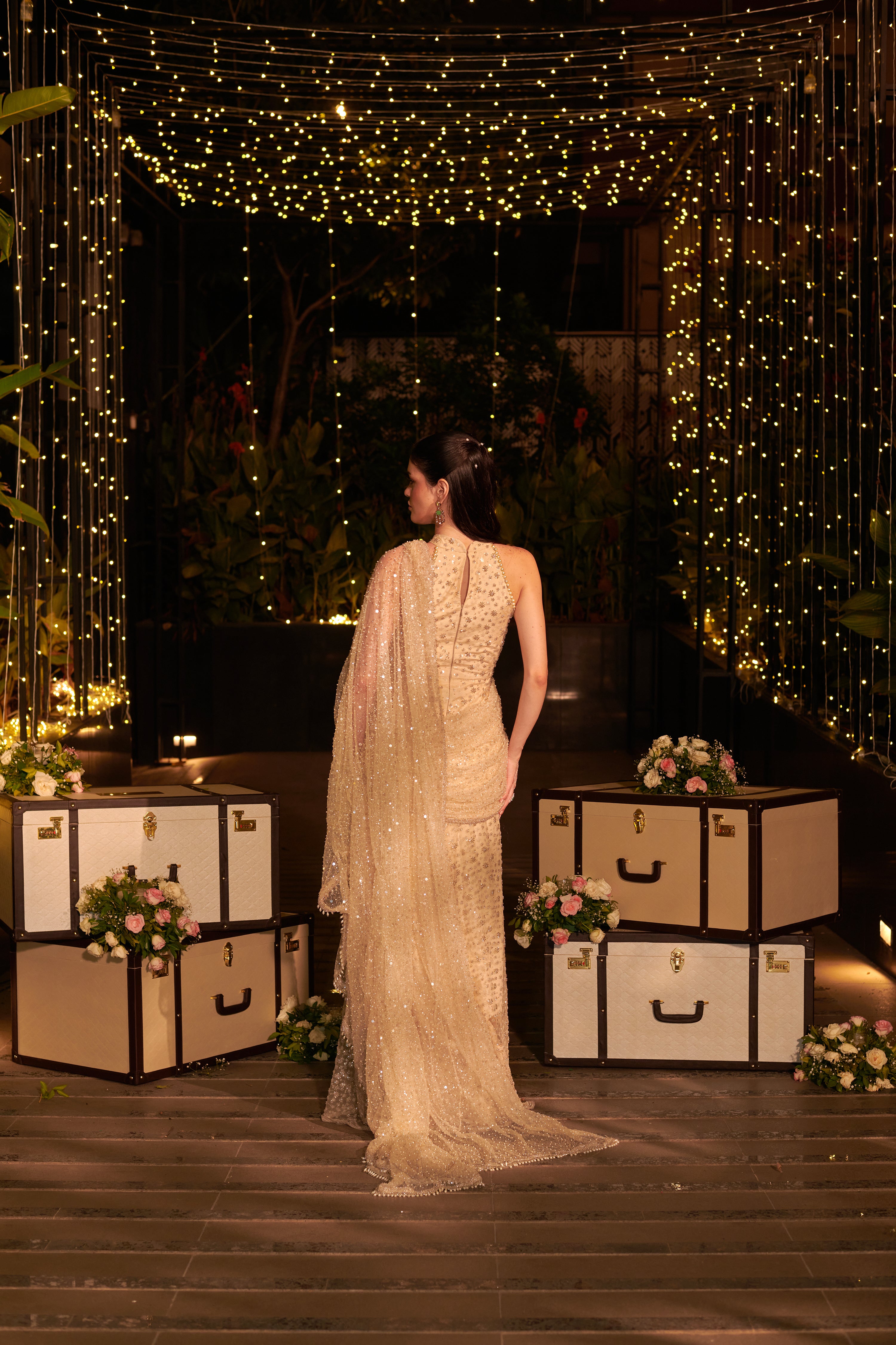 Ivory Infinity Gown. 1 (Gown with attached drape trail)