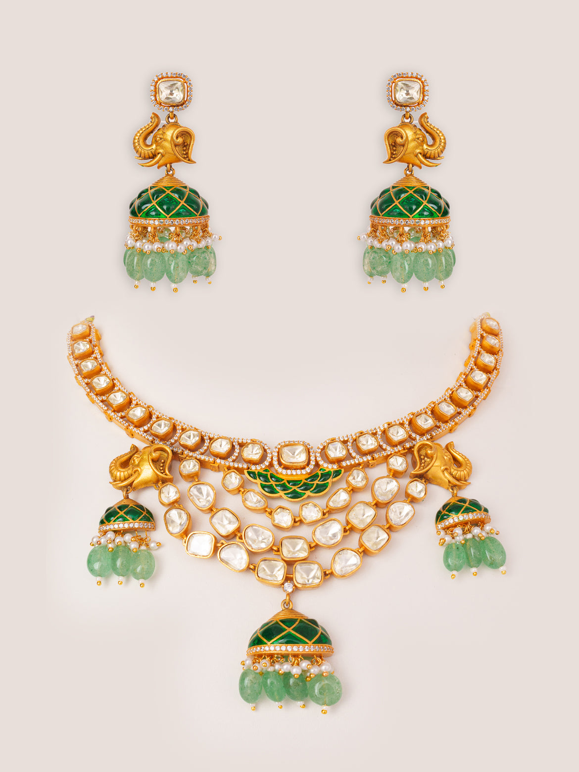 Bold and dramatic moissanite necklace set with matching jhumkas