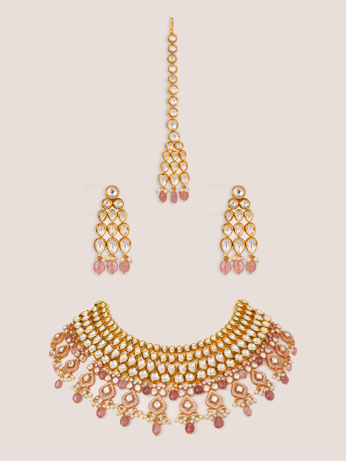 Extraordinary fusion of kundan and polki necklace set with earrings and maangtika