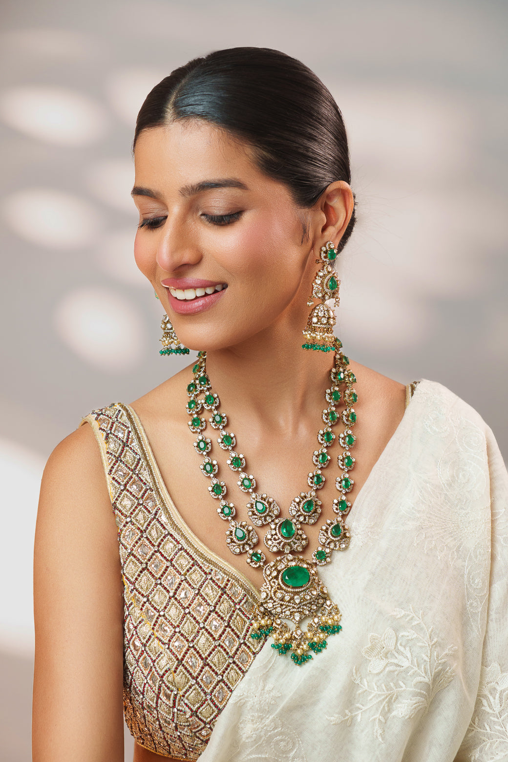 Bold and dramatic long polki necklace set with matching earrings