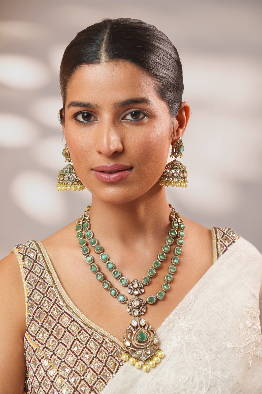 Bold and dramatic long polki necklace set with matching earrings