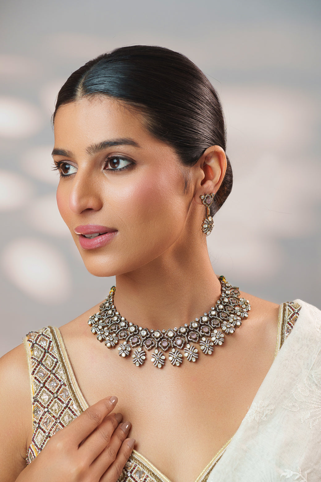 Dramatic and classy two tone kundan polki stone necklace set with matching earrings