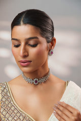 Elegant diamond choker with peach stone and earrings