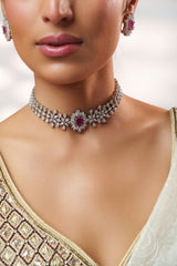 Elegant diamond choker with peach stone and earrings