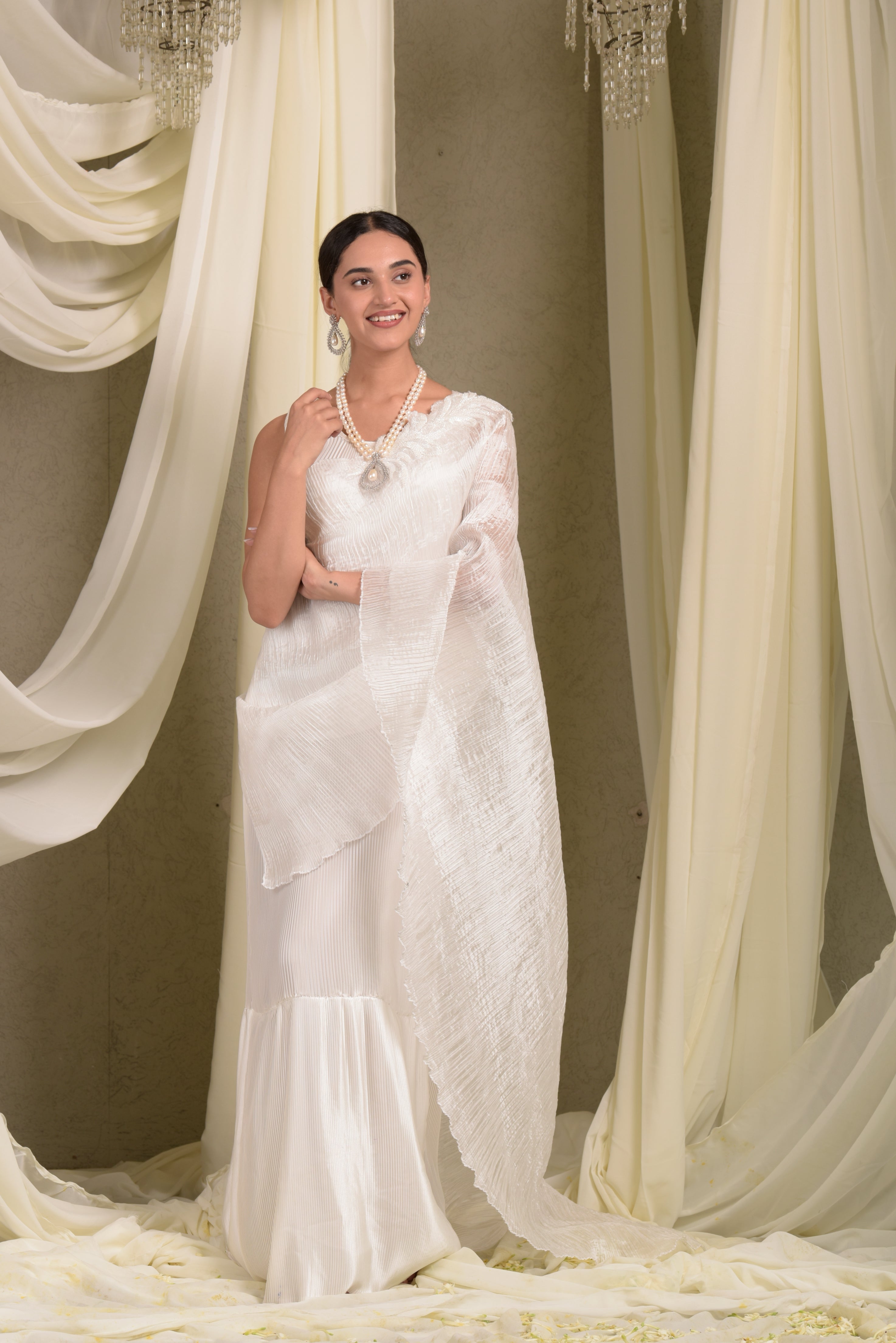 Pristine Pleated Gown Saree - Ivory