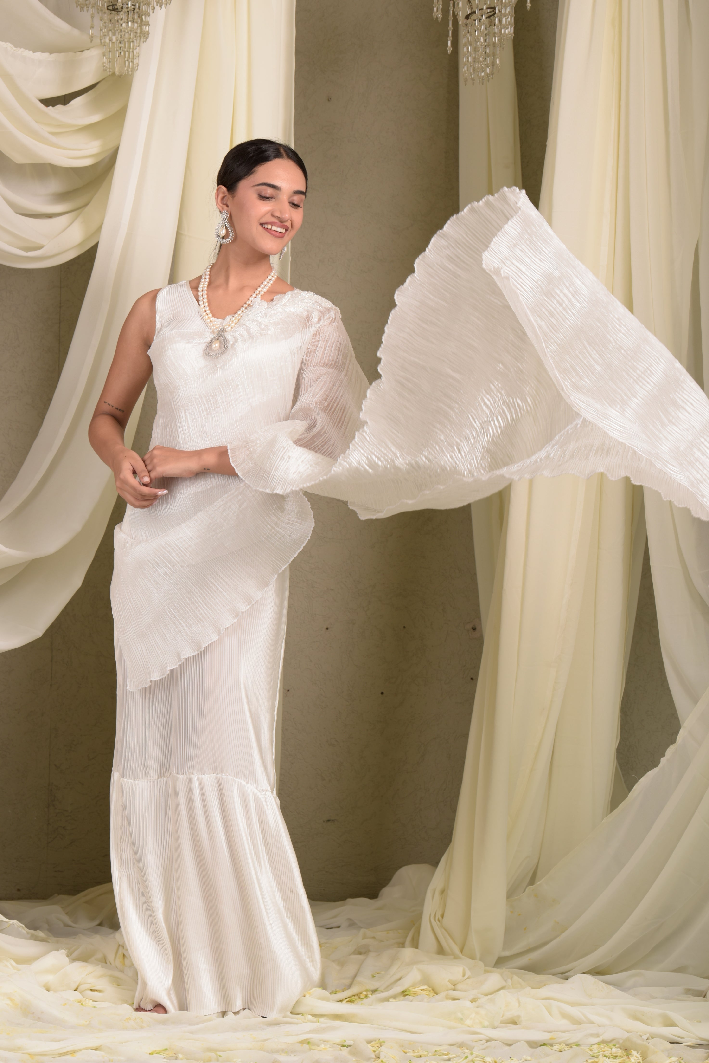 Pristine Pleated Gown Saree - Ivory
