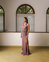 Draped off shoulder saree gown with 3D embroidery