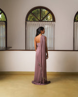 Draped off shoulder saree gown with 3D embroidery