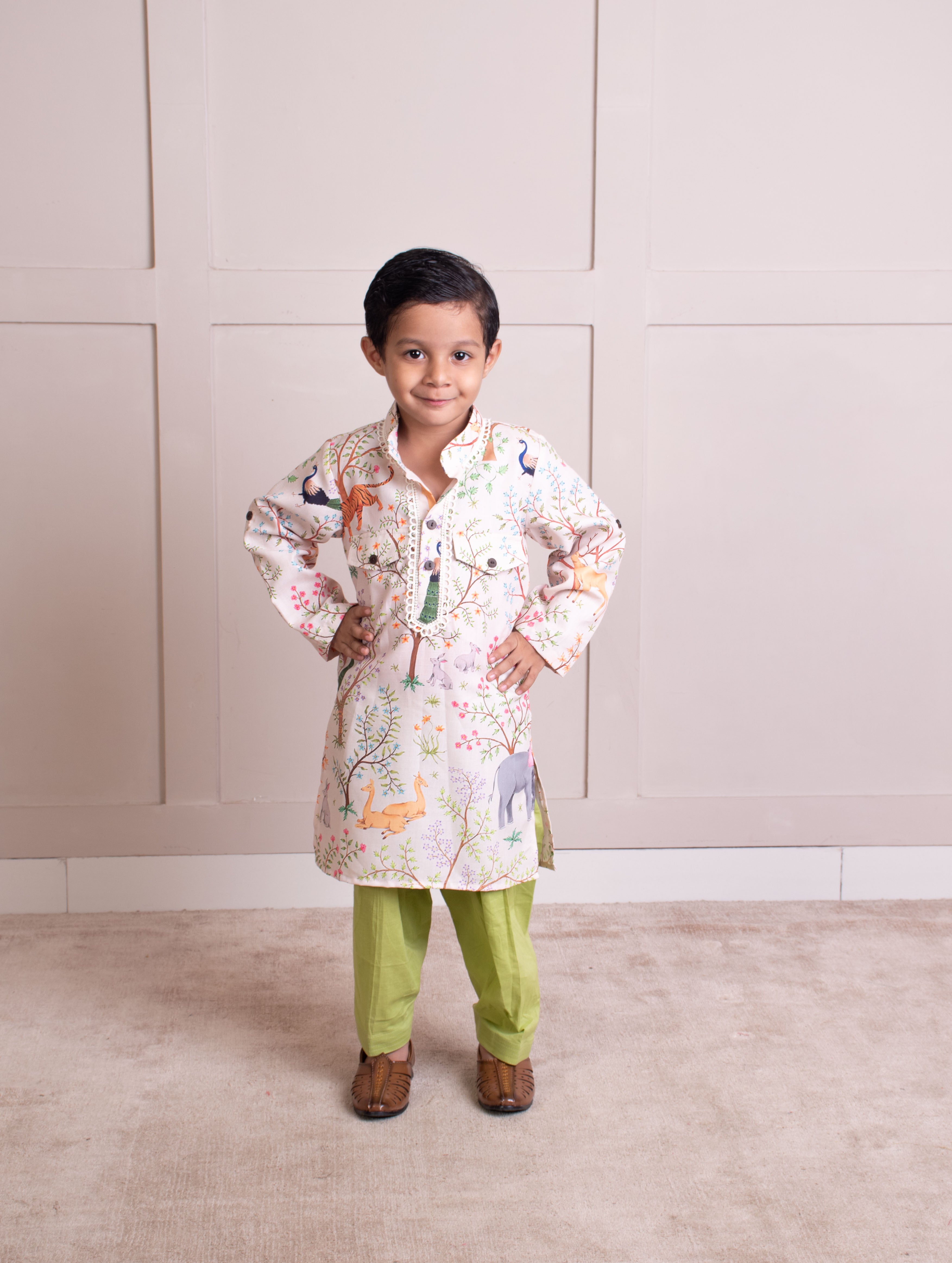 Ivory Animal Forest Printed Kurta with Pant