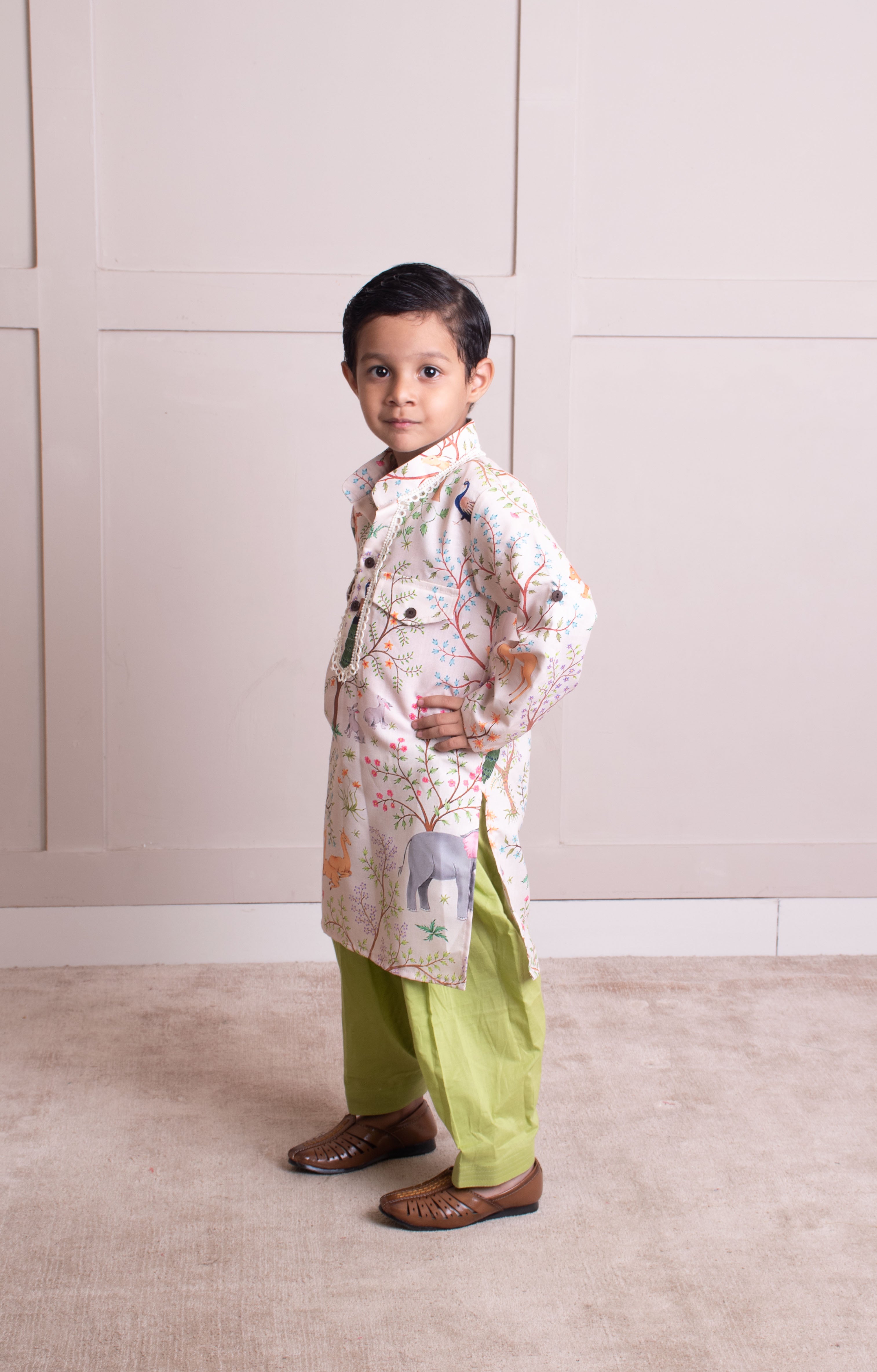 Ivory Animal Forest Printed Kurta with Pant