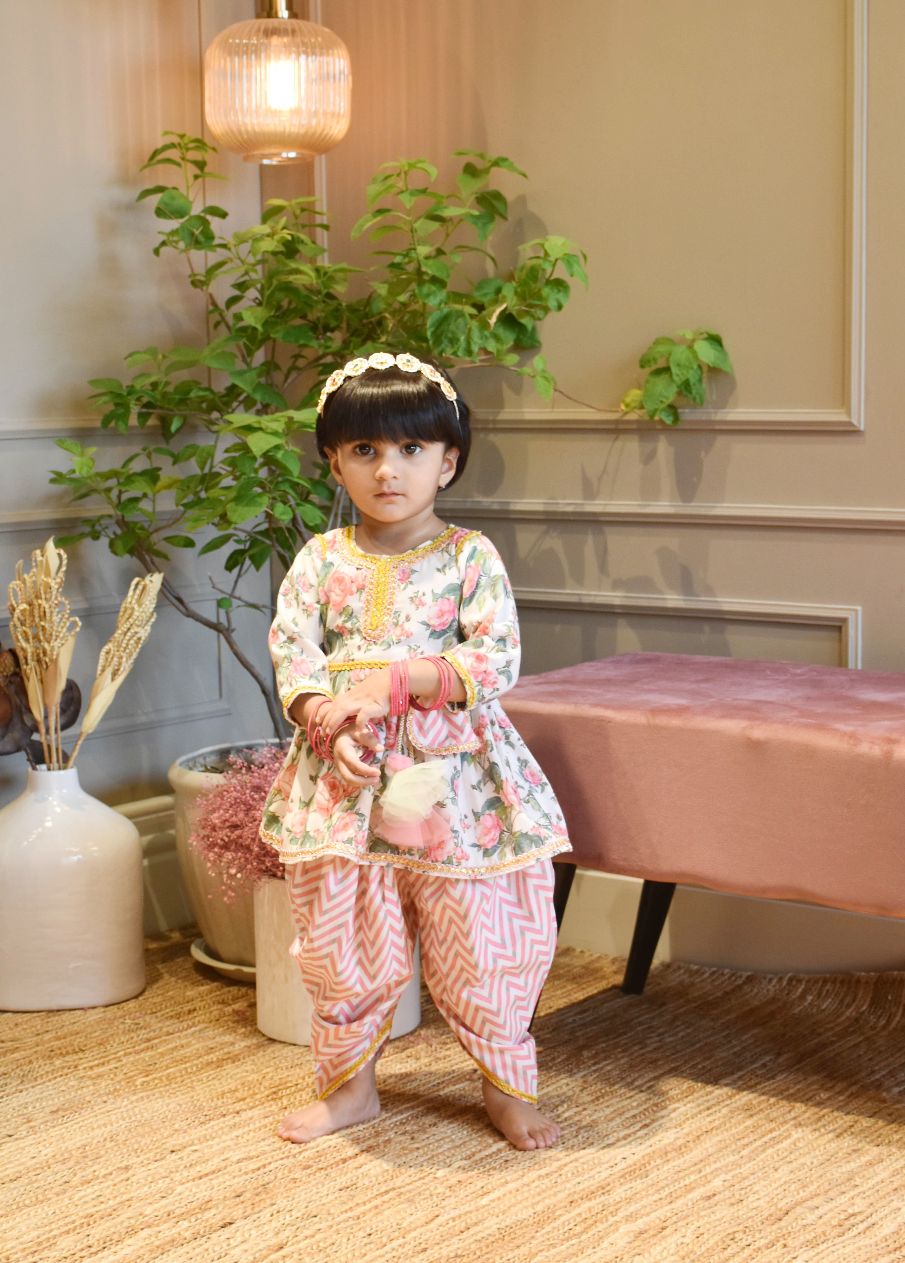 Pink Floral Print Peplum and Dhoti