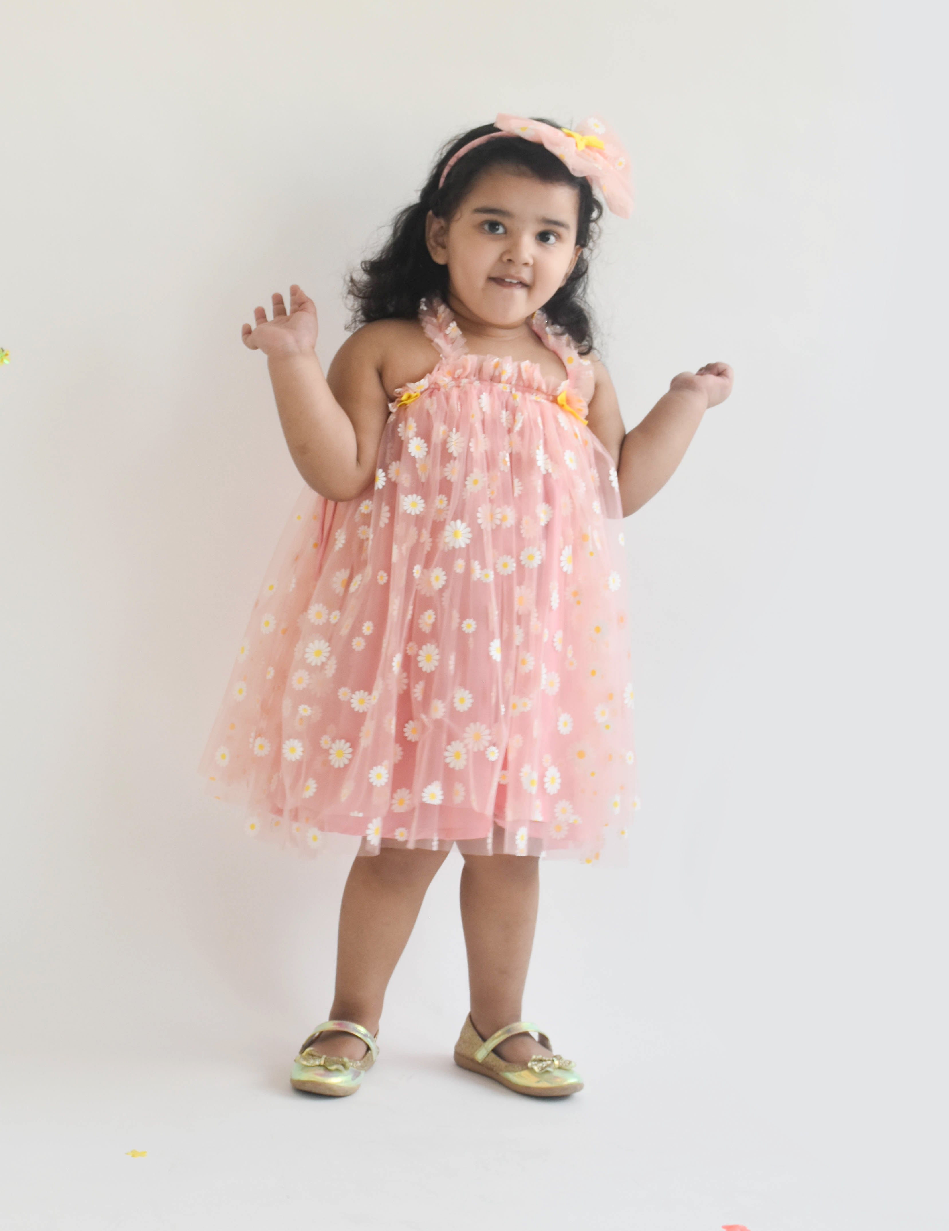 Pink Flower Print Net Dress for Girls