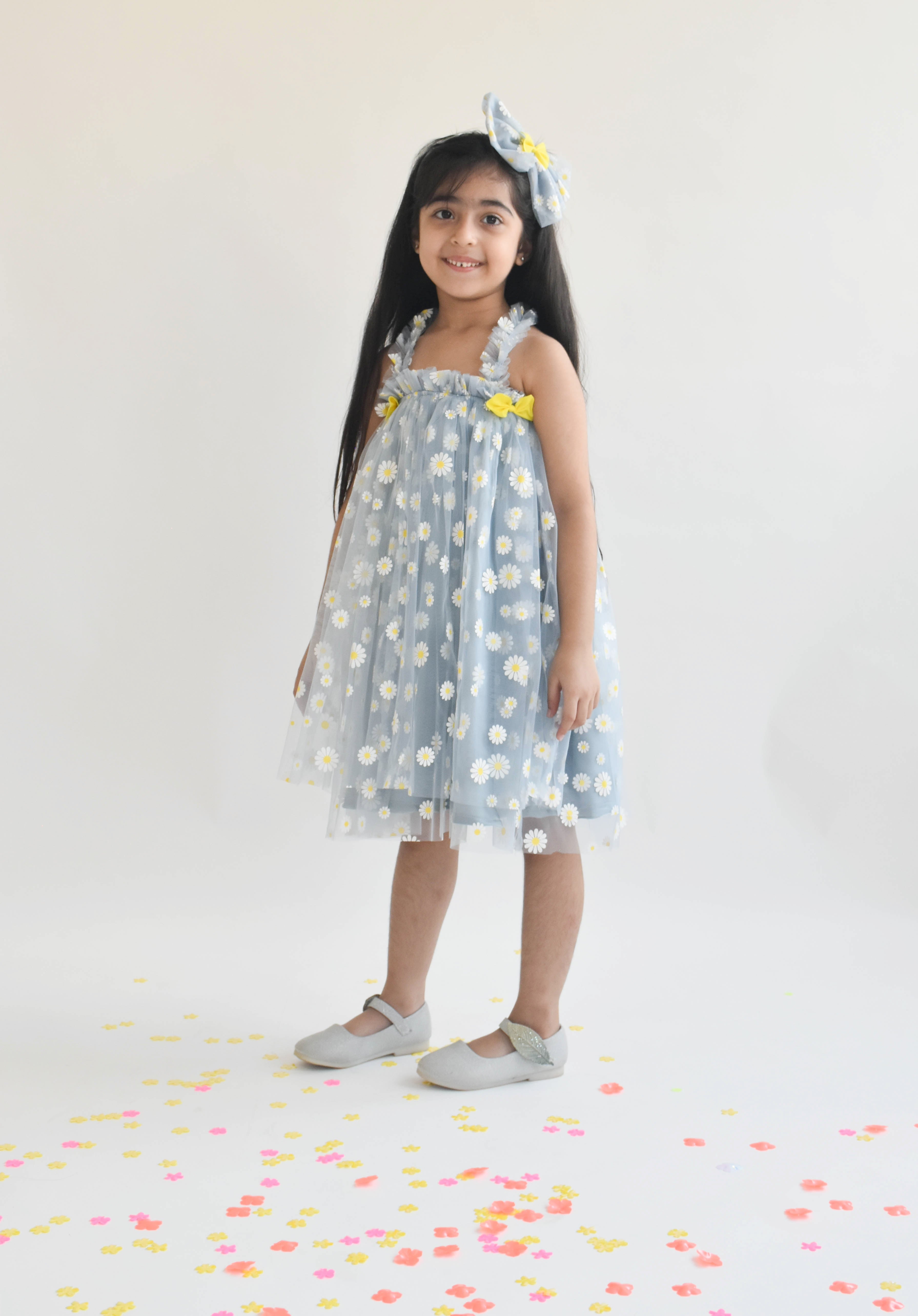 Blue Flower Print Net Dress for Girls