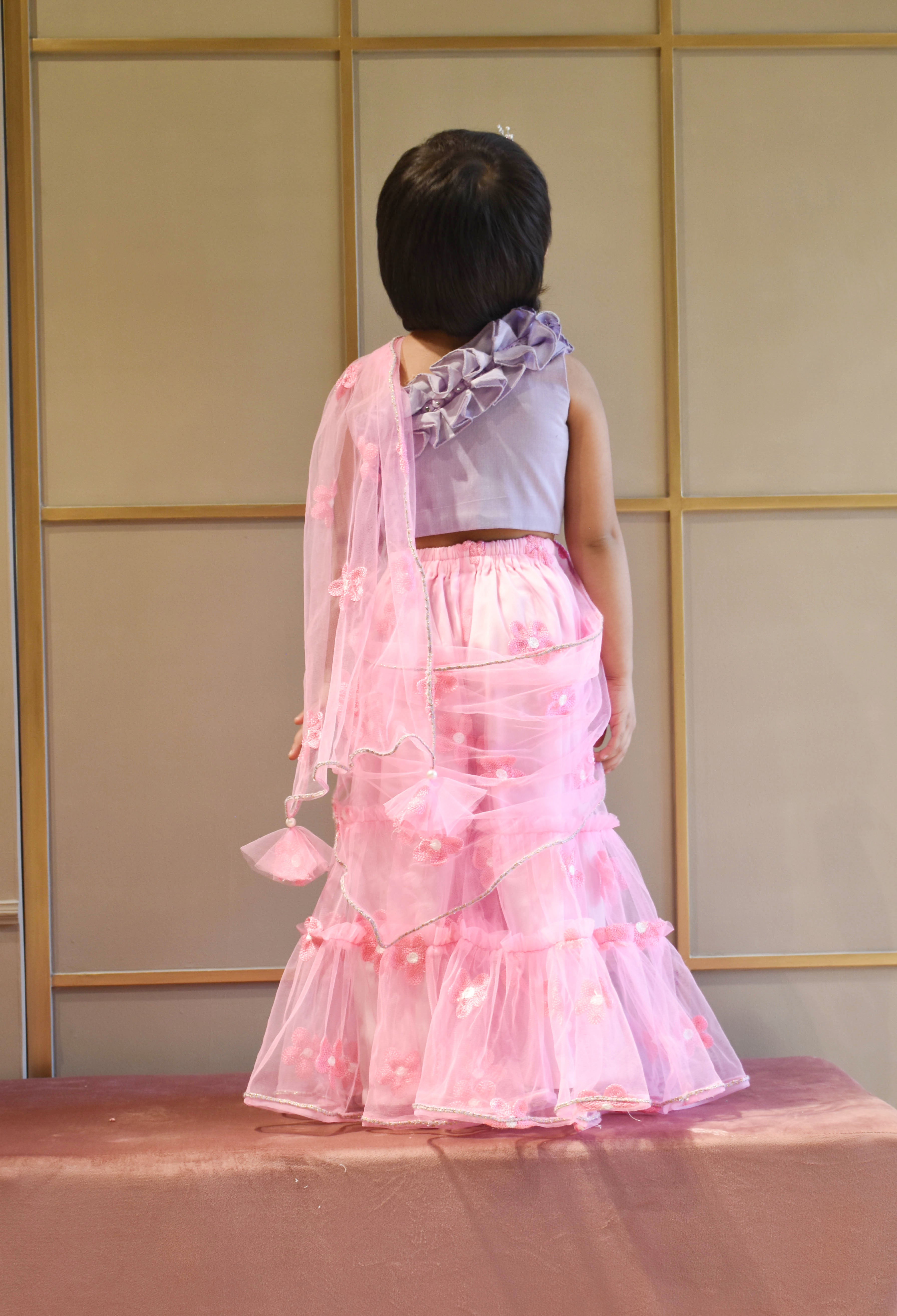 Lilac Choli and Pink Flower Net Sharara