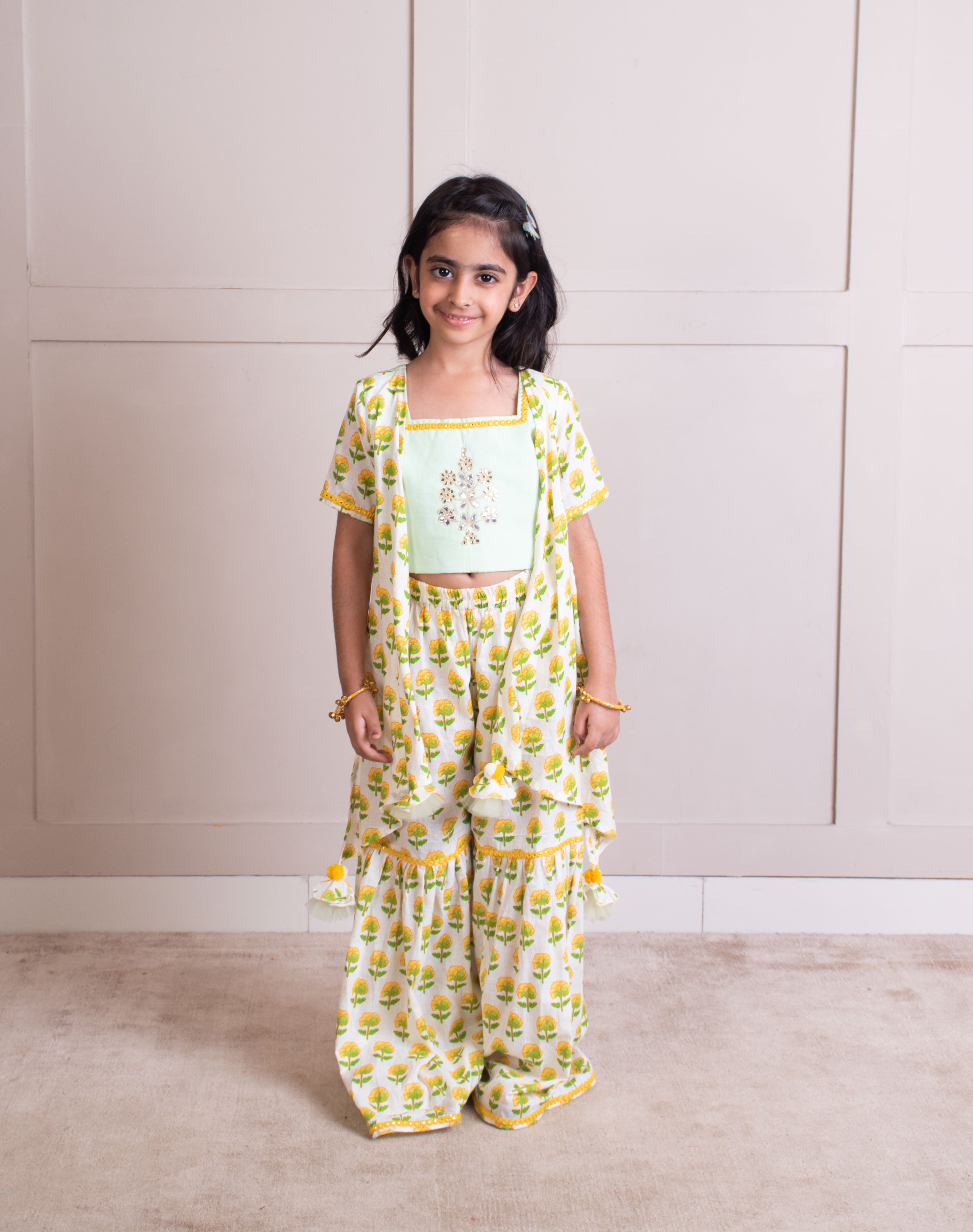 Green Embroidered Top with Printed Sharara