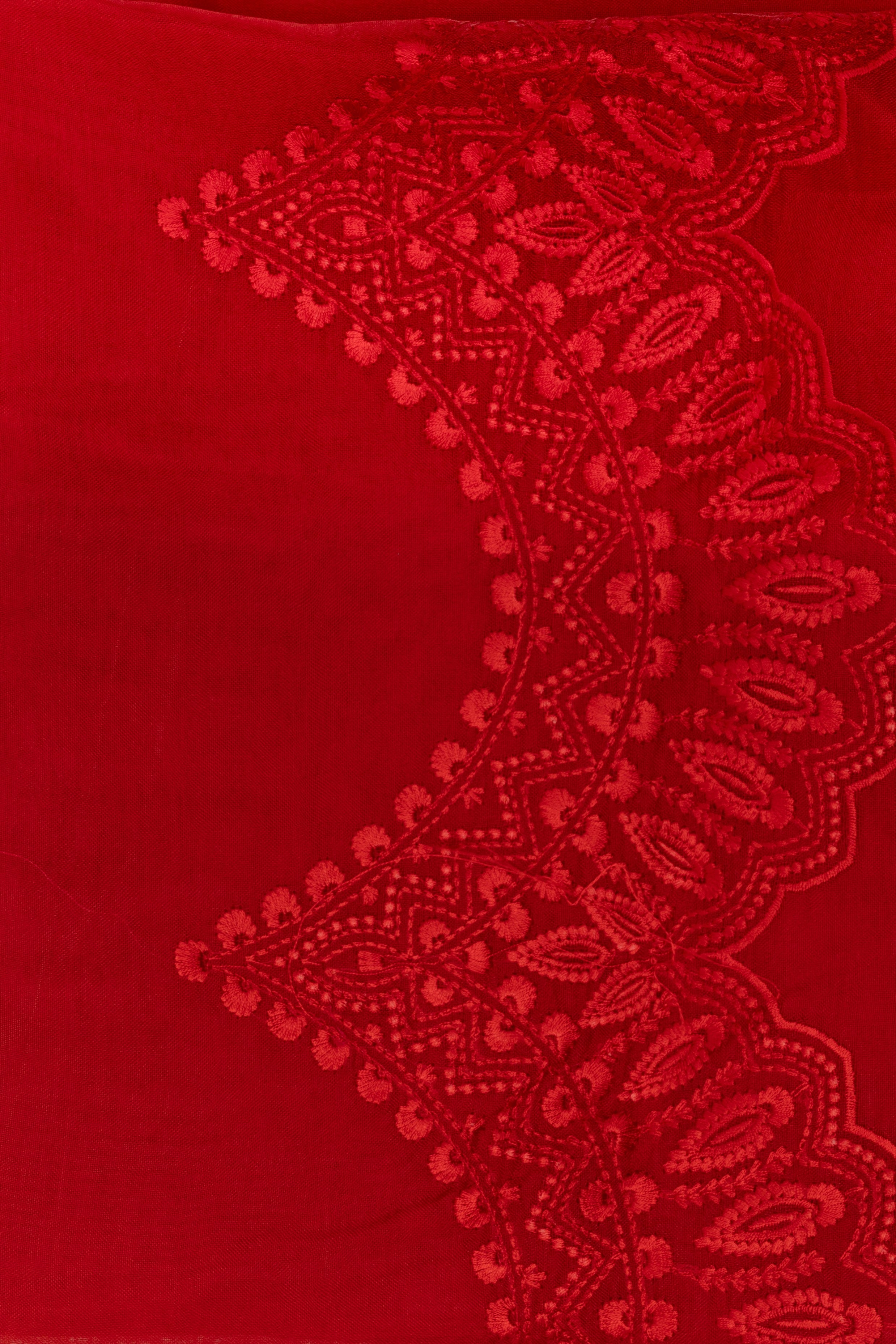 Red pure Organza Silk Saree with chikankari Hand Embroidery