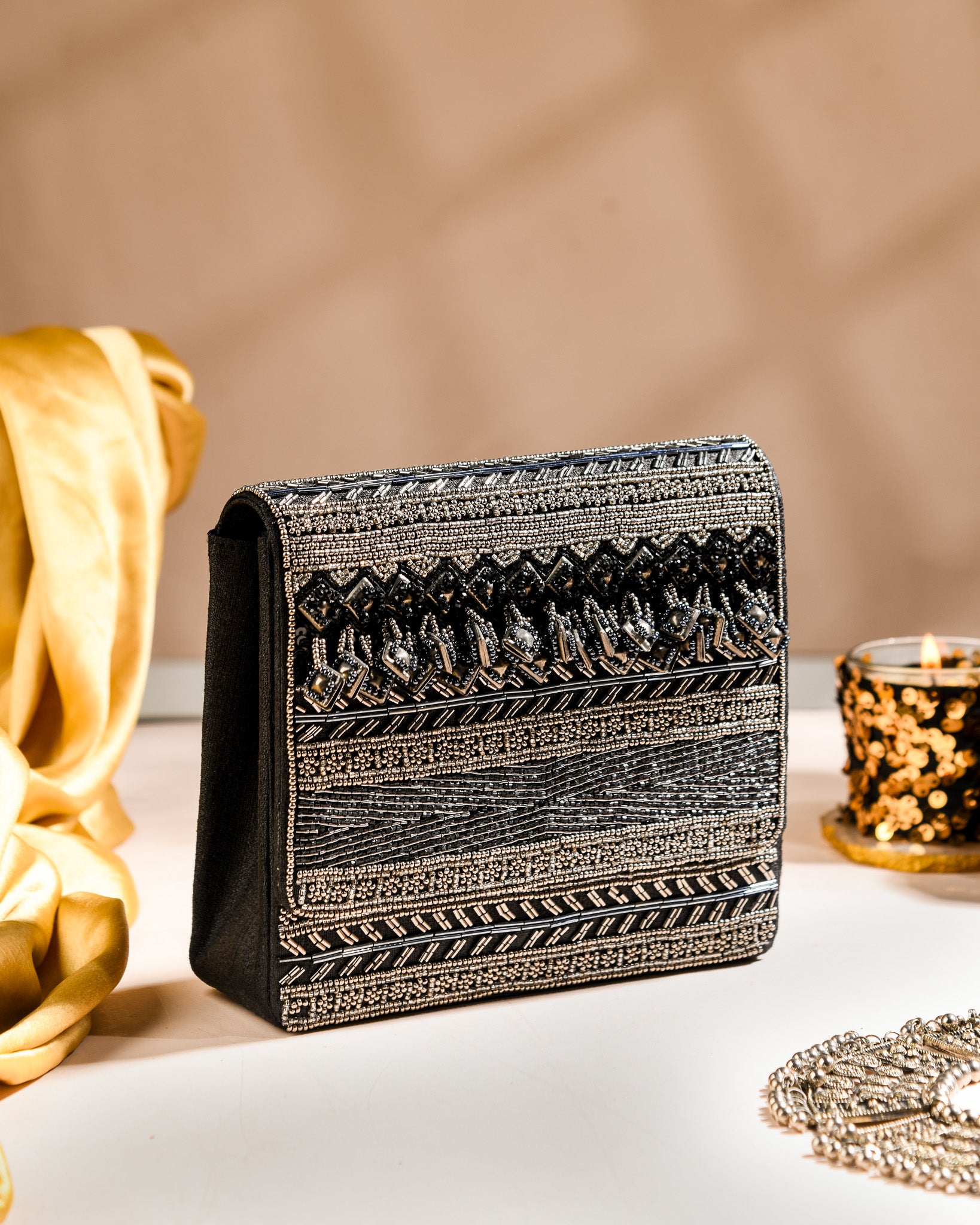 Black silver party clutch