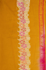 Mustard Yellow Pure Silk Banarasi Handloom Saree with Pearl work