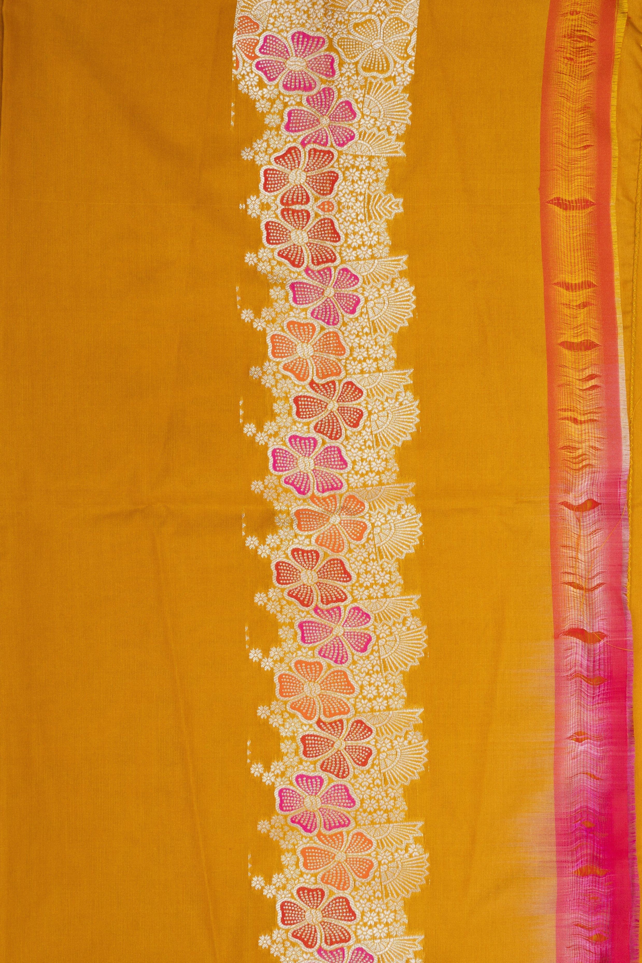 Mustard Yellow Pure Silk Banarasi Handloom Saree with Pearl work