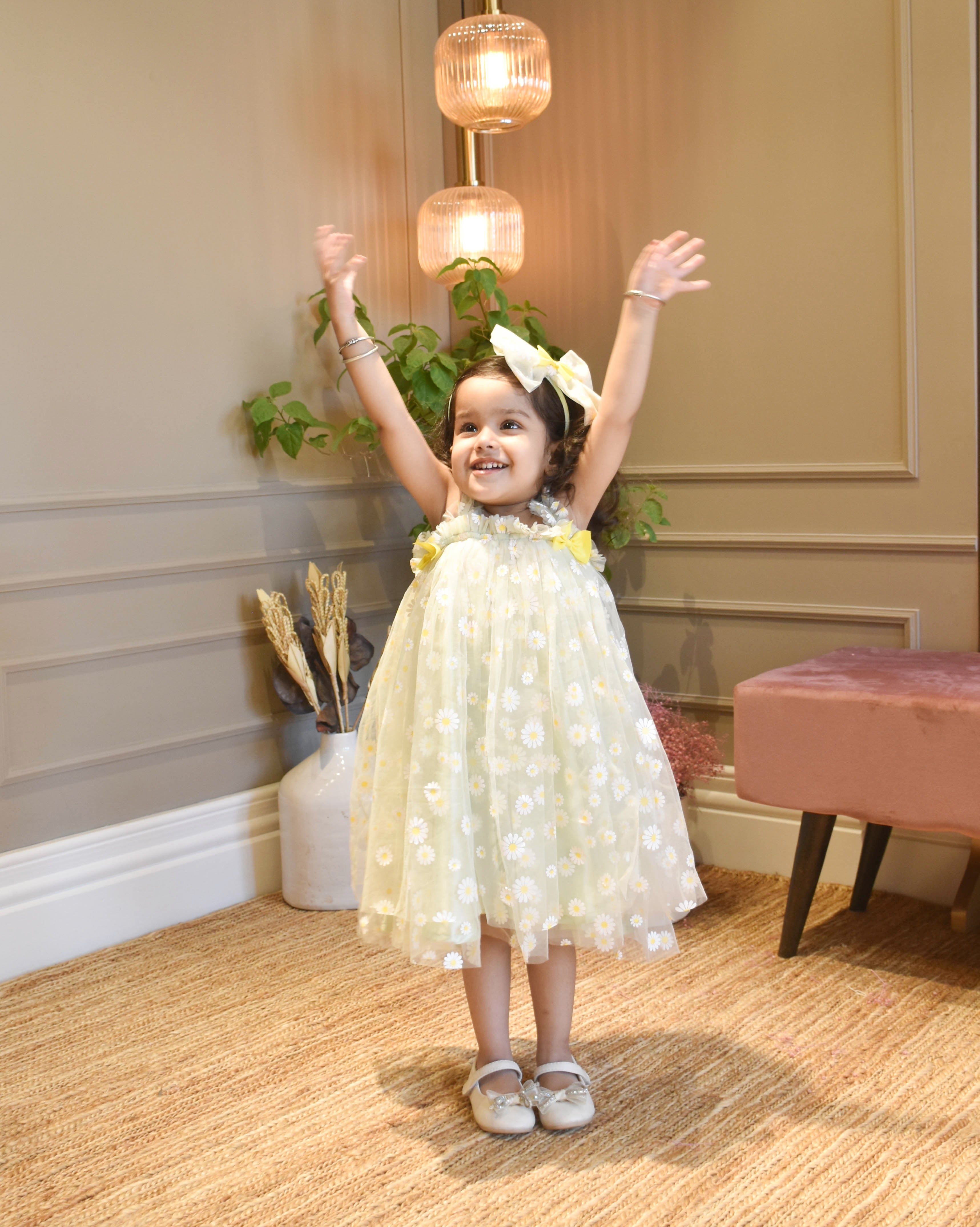 Green Flower Print Net Dress for Girls