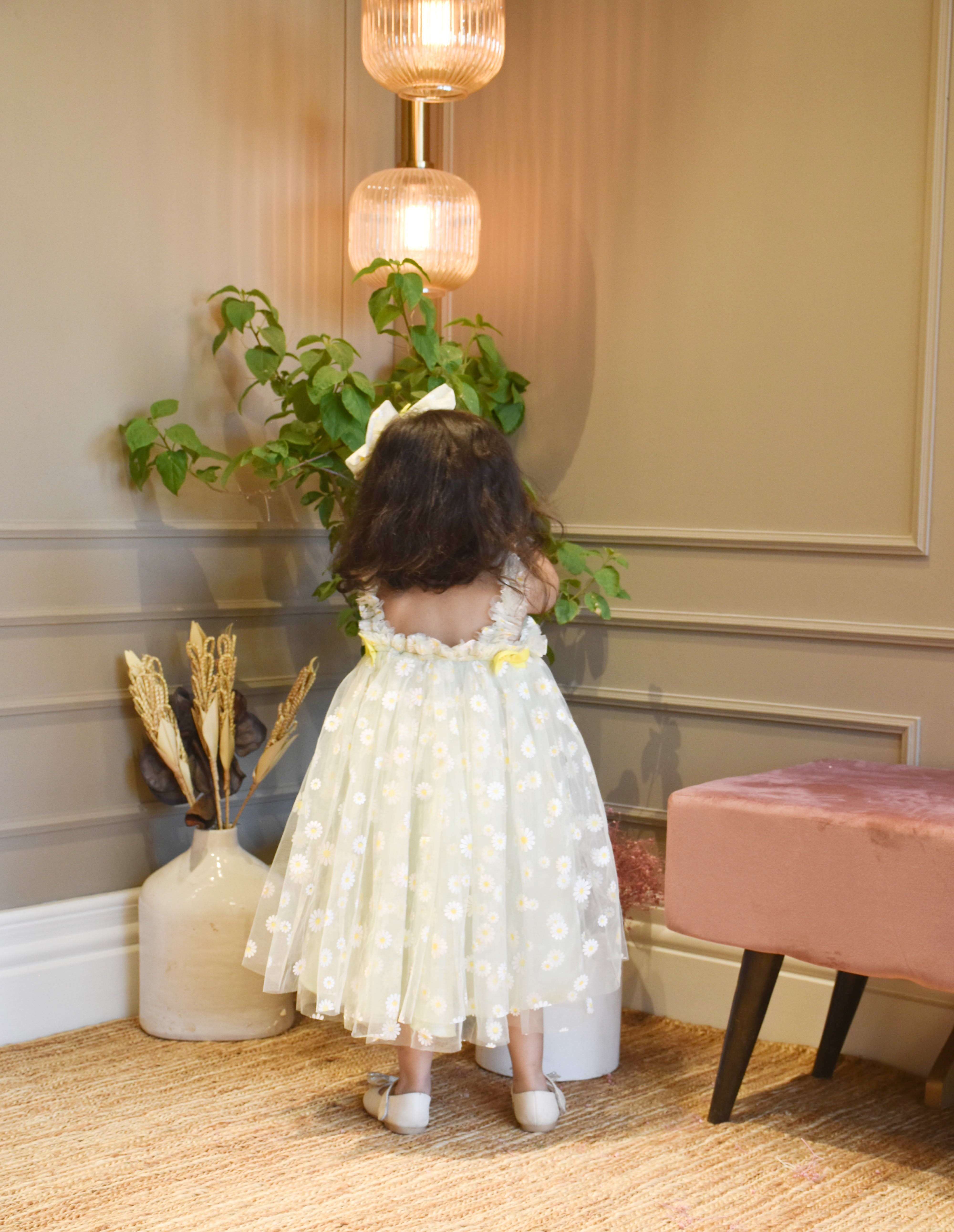 Green Flower Print Net Dress for Girls